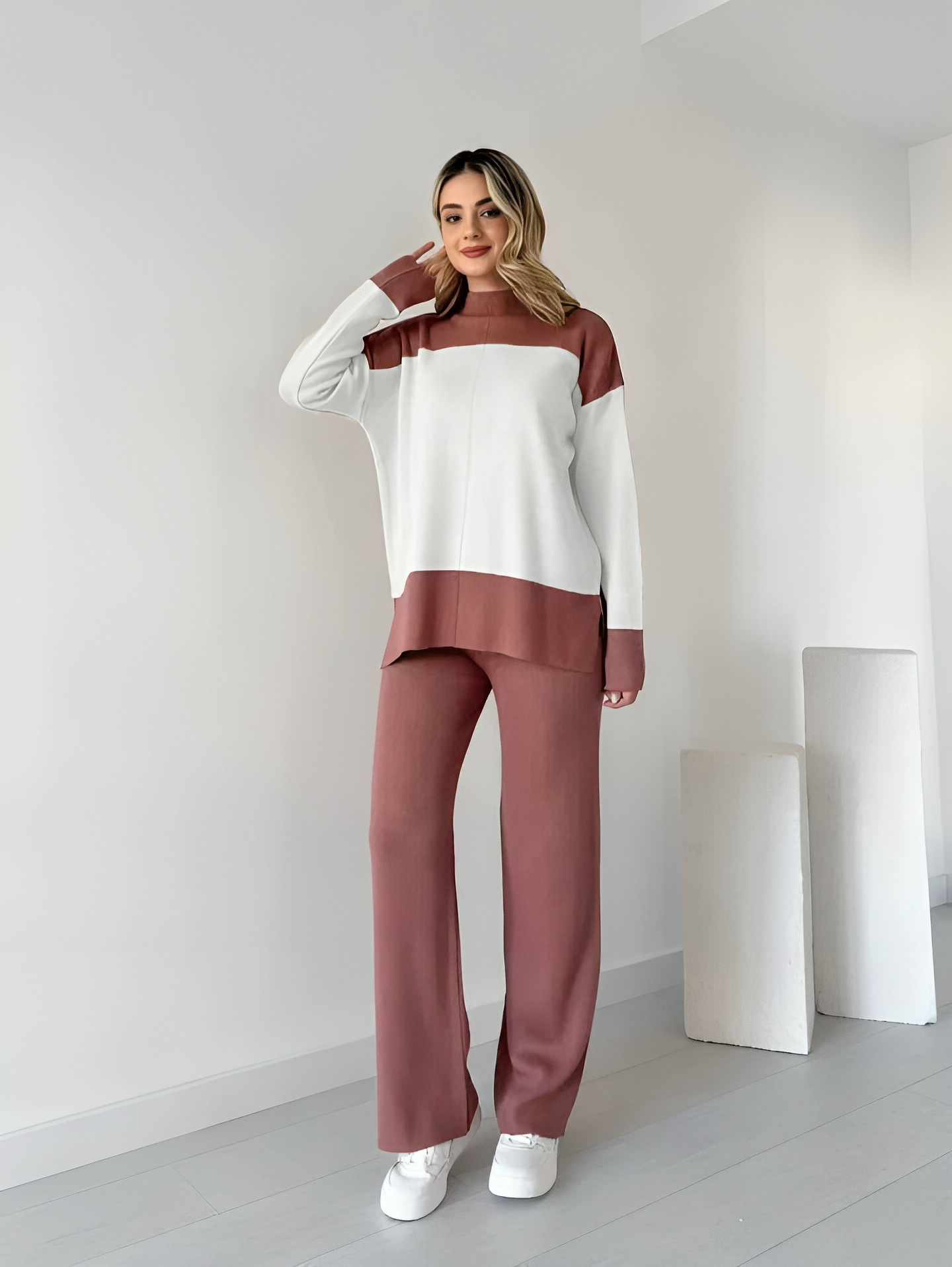 Winter Fleece 2-Piece Set | Drop Shoulder Panel Top & Trouser