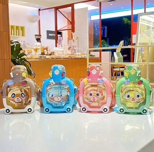 "Cute Teddy-Design Water Bottle – Glass & Plastic, Leakproof & Stylish"