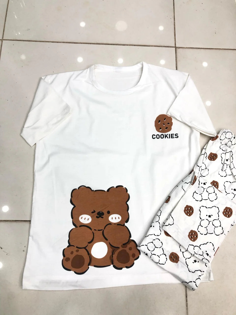White Cookies With Bear Print Half Sleeves Printed Night Suit