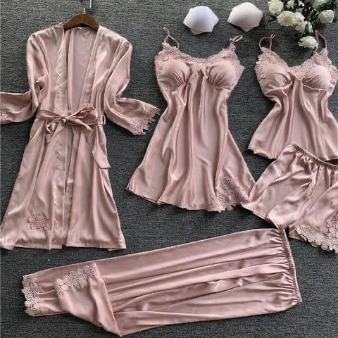 Premium Quality Silk Night Wear Honeymoon Bridal Set Pack of 5PCS | Pink