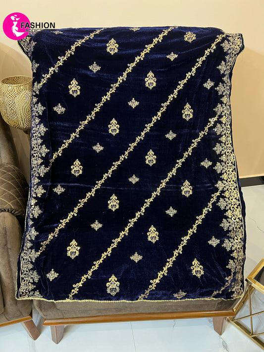 Embroidered Velvet Shawl | Navy Blue