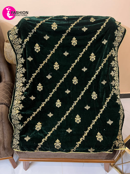 Embroidered Velvet Shawl | Green