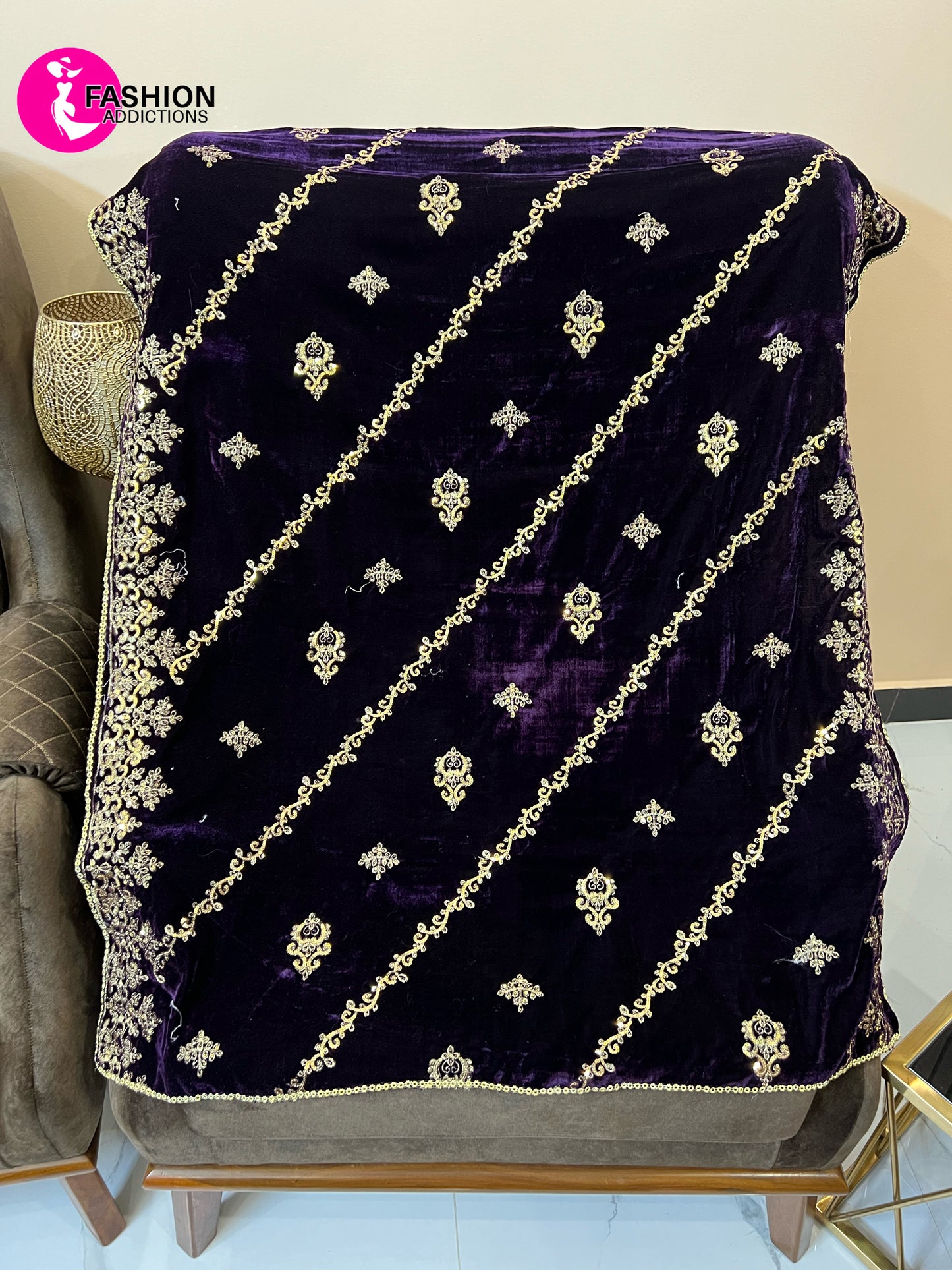 Embroidered Velvet Shawl | Purple