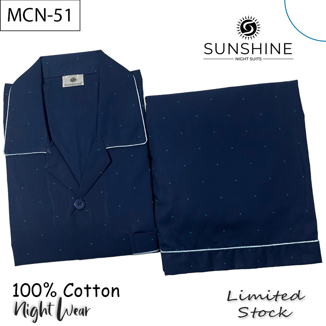 Navy Blue Monochrome Dots Printed 100% Cotton Night Suit – MCN-51