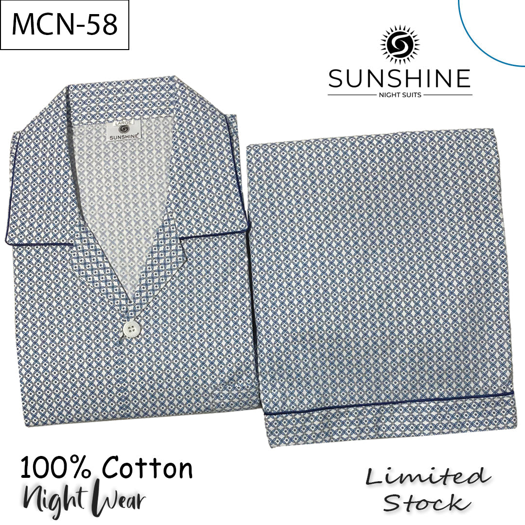 Blue White Geometric Printed 100% Cotton Night Suit – MCN-58