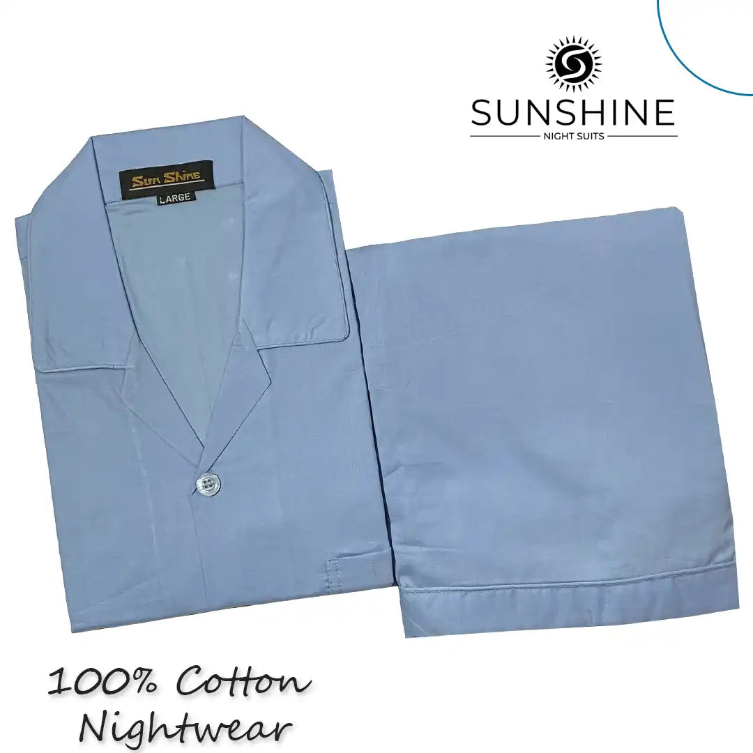 Sky Blue Plain 100% Cotton Nightdress For Men