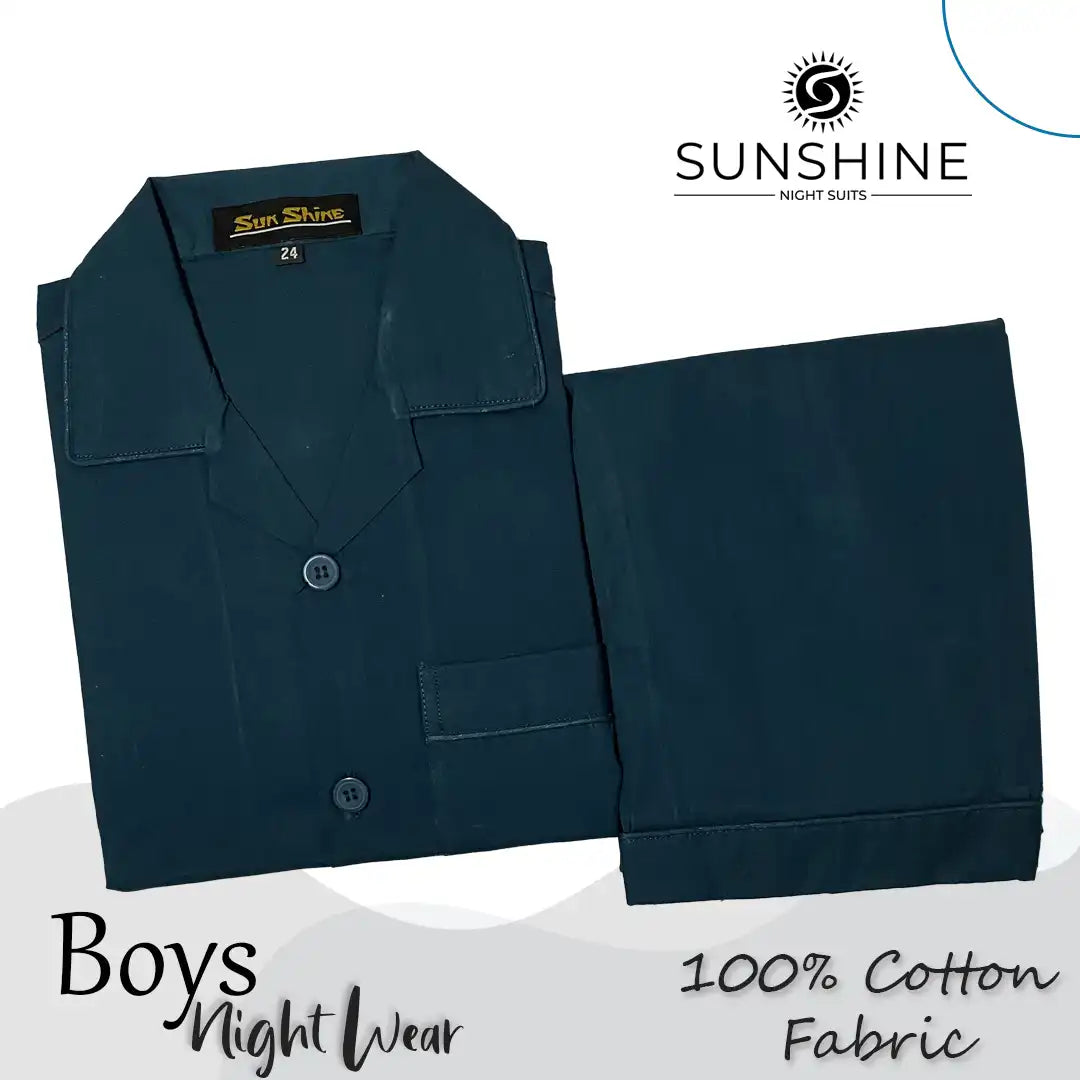 Teal Plain Cotton Nightwear For Boys BCN-06