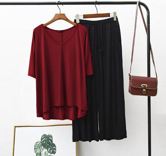 Maroon V Neck Shirt With Black Lose Style Lounge Wear (KO-NS-379)