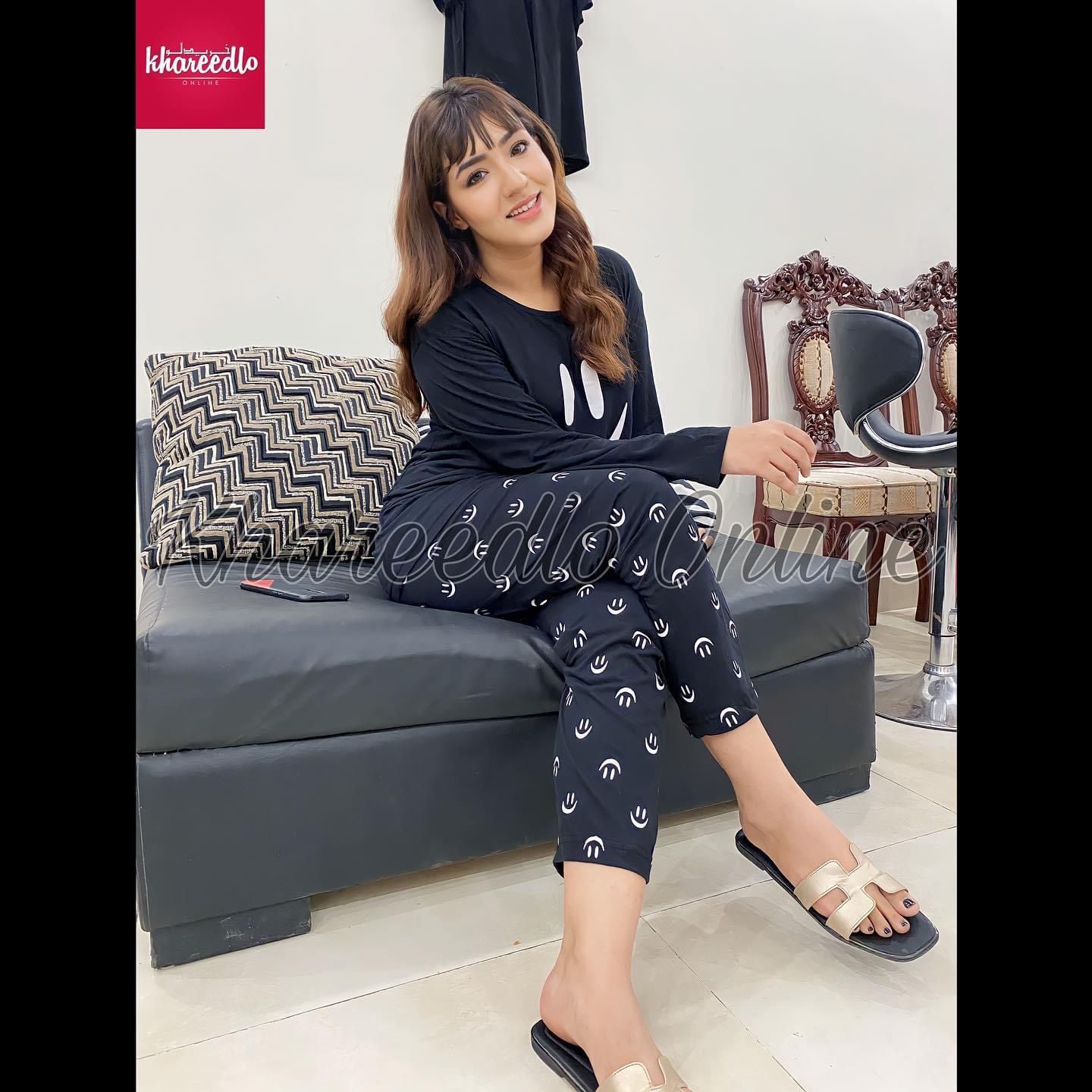 Black Smile With Smiley Trouser Full Sleeves Night Suit (FA-350)