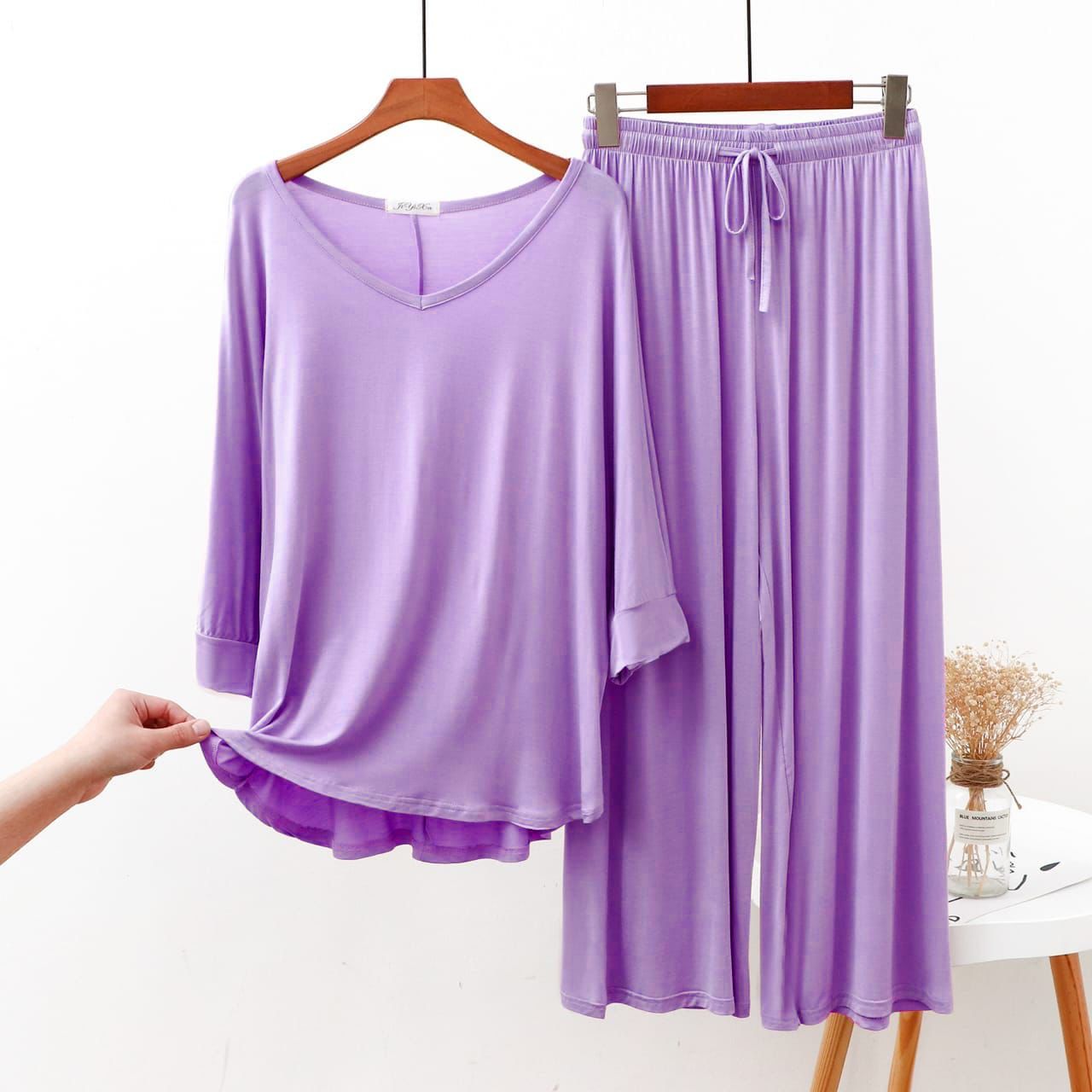 Lilac Plain V Neck Shirt With Palazzo Trouser Home Wear (KO-NS-409)