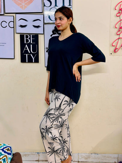 Black Plain V Neck Shirt With Beach Tres Printed Trouser Lounge Wear (KO-NS-449)