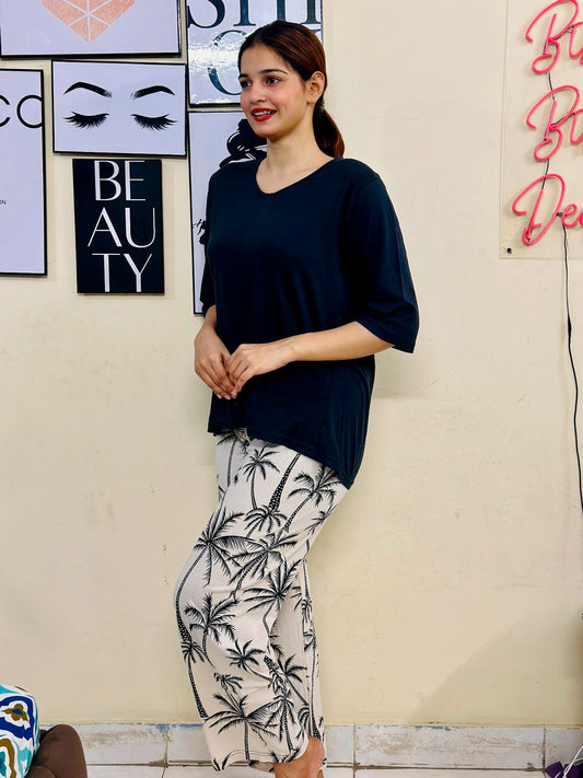 Black Plain V Neck Shirt With Beach Tres Printed Trouser Lounge Wear (KO-NS-449)