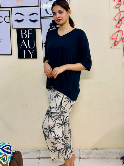 Black Plain V Neck Shirt With Beach Tres Printed Trouser Lounge Wear (KO-NS-449)