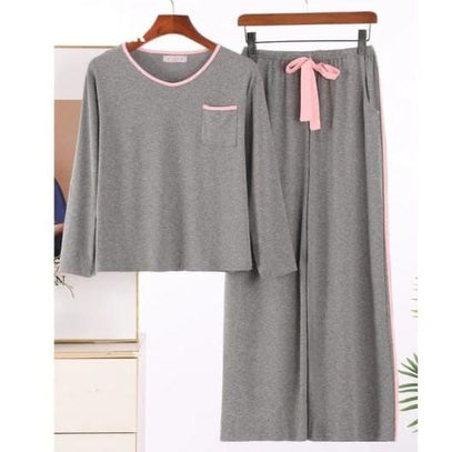 Heather Grey Plain Round Neck Shirt With Piping Trouser Lounge Wear (KO-NS-464)