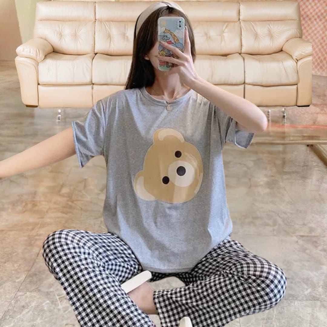 Grey Bear Print Half Sleeves Shirt With Check Print Trouser (FA-463)