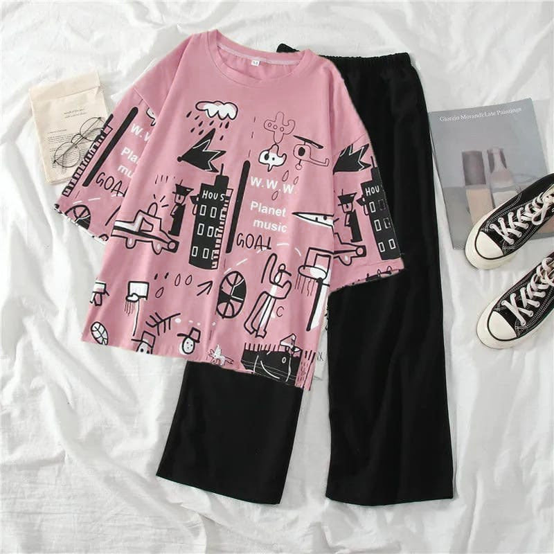 PINK PLANET MUSIC CITY GRAPHIC OVERSIZED SHIRT WITH BLACK PLAIN TROUSER (FA-479)