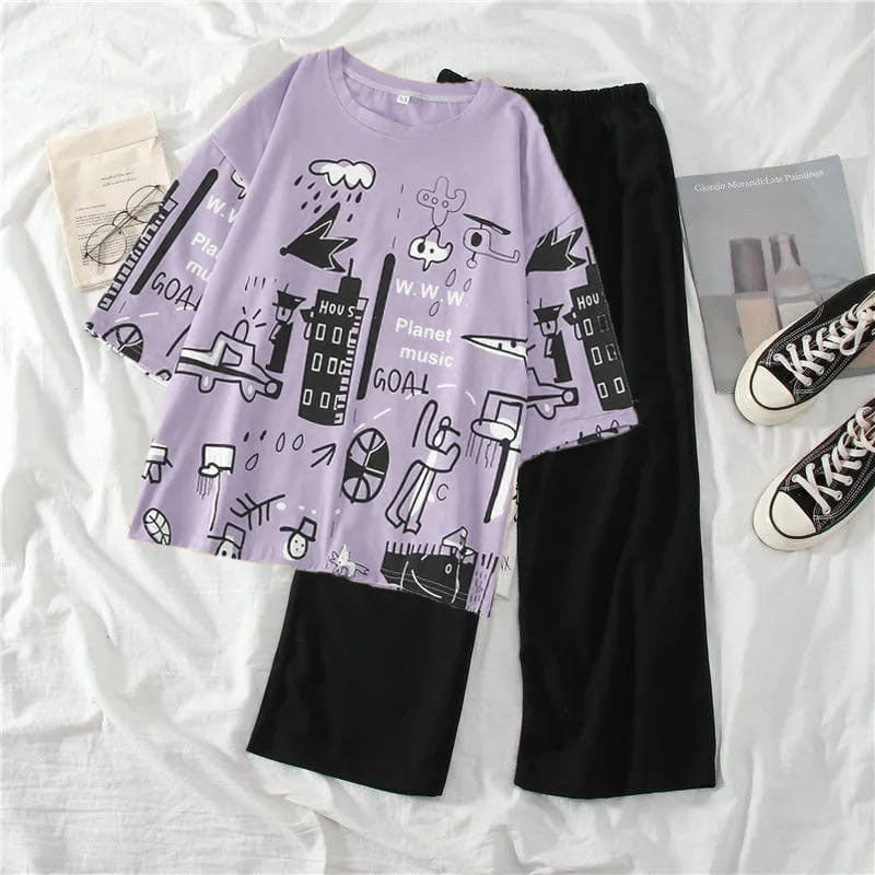 LILAC PLANET MUSIC CITY GRAPHIC OVERSIZED SHIRT WITH BLACK PLAIN TROUSER (FA-478)