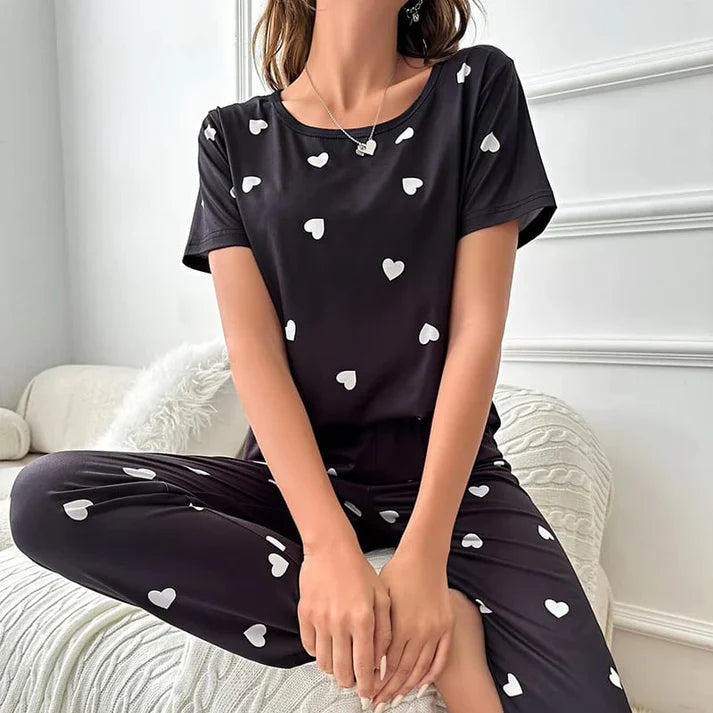 Black All Over Hearts Printed Half Sleeves Night Suit (FA-442)