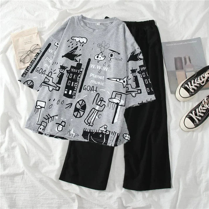 GREY PLANET MUSIC CITY GRAPHIC OVERSIZED SHIRT WITH BLACK PLAIN TROUSER (FA-452)