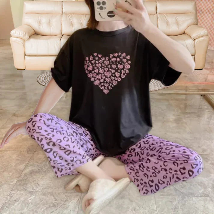 Black with Purple Heart Print Half Sleeves Shirt With Cheetah Print Trouser (FA-438)