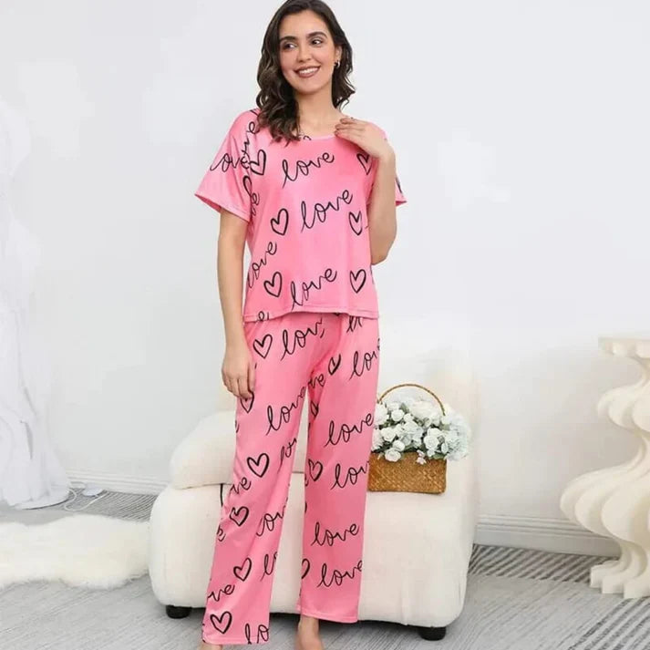 Pink Love Heart Print Half Sleeves Shirt With Printed Trouser (FA-440)