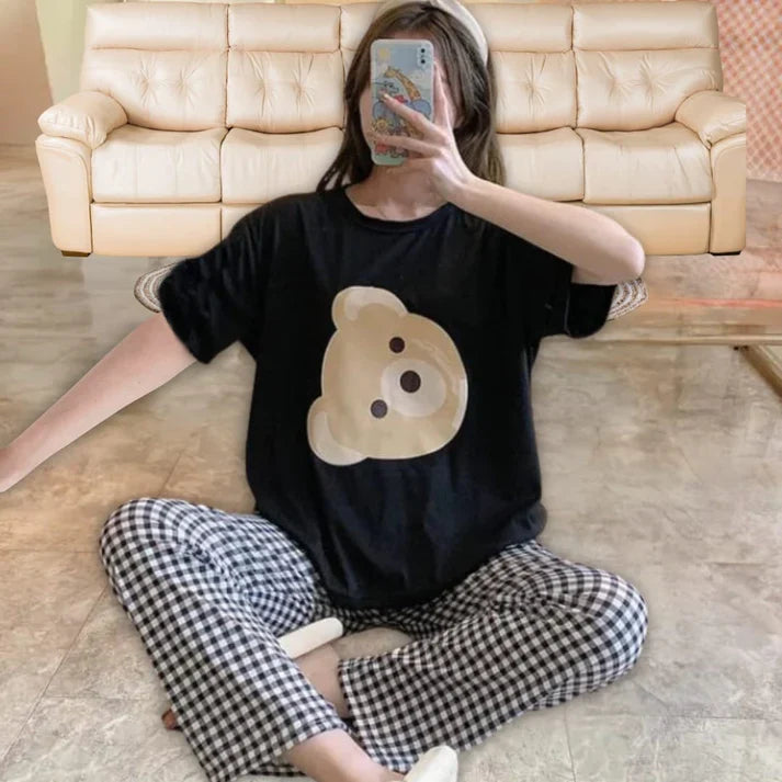 Black Bear Print Half Sleeves Shirt With Check Print Trouser (FA-439)
