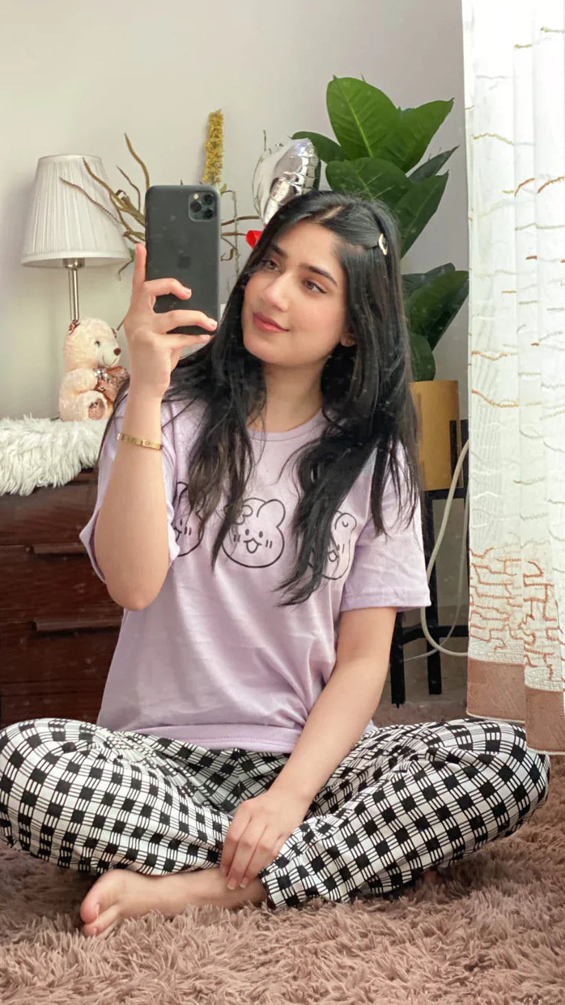Lilac Cute Emojis With Check Printed Half Sleeves Printed Trouser Night Suit (FA-445)