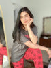 Grey With Pink CHEERFUL Print Half Sleeves Printed Trouser Night Suit (FA-444)