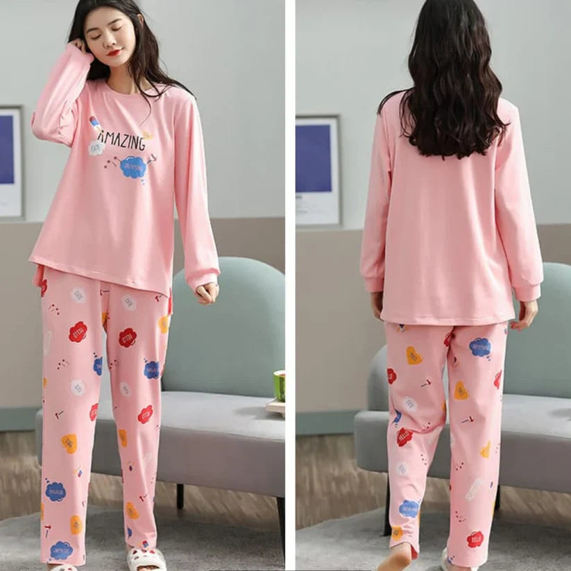 Pink Amazing Print Full Sleeves Printed Night Suit (FA-503)