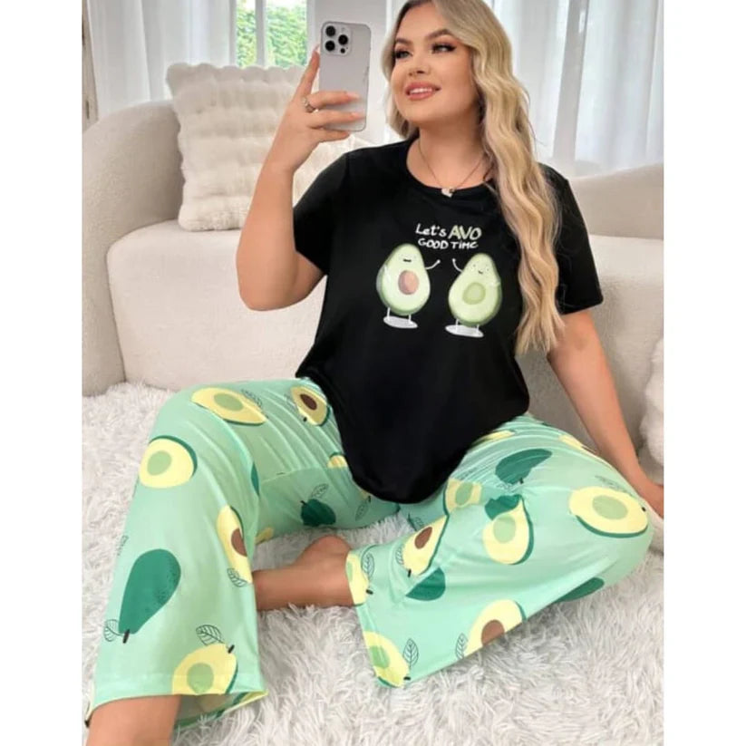 Black Avacado Print Shirt With Green Avacado Printed Trouser (FA-497)