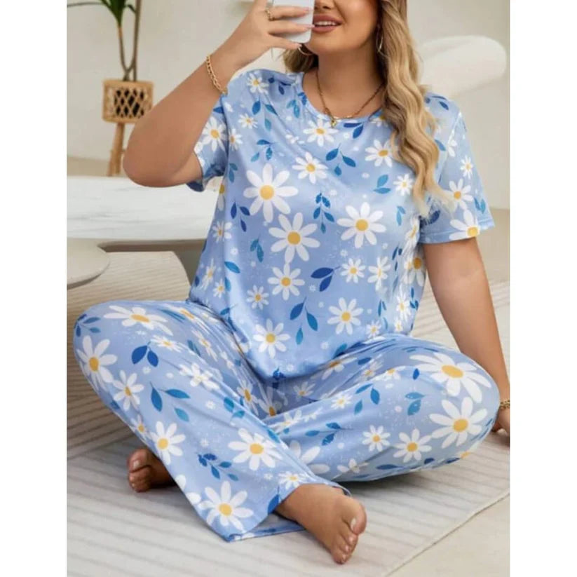 Sky Blue Flowers Print Half Sleeves T-shirt With Flowers Print Night Suit (FA-502)
