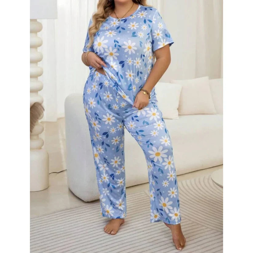 Sky Blue Flowers Print Half Sleeves T-shirt With Flowers Print Night Suit (FA-502)