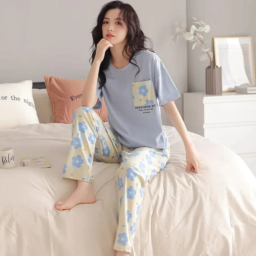 Sky Blue Pocket Flower With Flower Printed Trouser (FA-504)