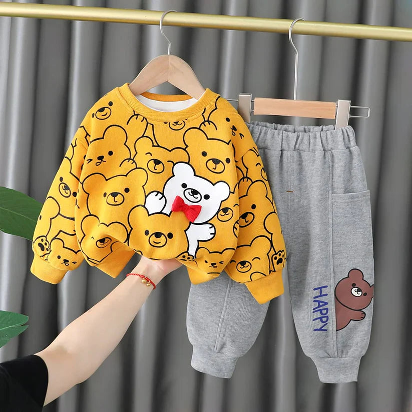 Yellow Bears Print Sweatshirt With Grey Trouser For Kids (KO-KTS-520)