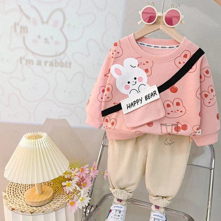 Pink Happy Bear Pocket Sweatshirt with Off White Trouser