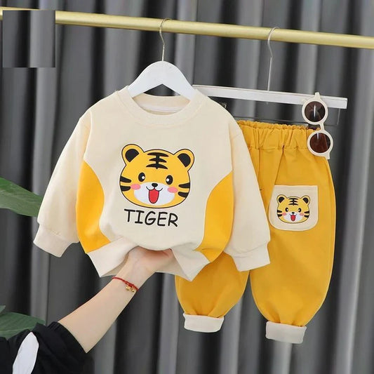 Off White Tiger Print Sweatshirt With Yellow Trouser For Kids