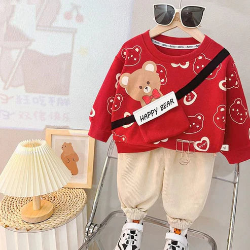 Red Happy Bear Pocket Sweatshirt with Off White Trouser