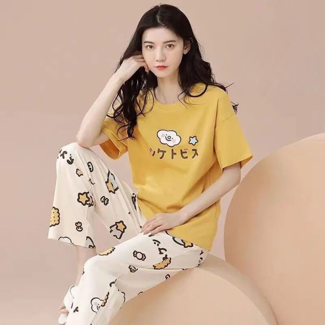 Yellow Little Bear Print Half Sleeves Printed Night Suit (FA-499)