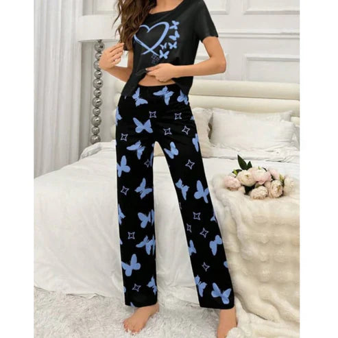 Black With Blue Butterflies Heart Printed T-shirt And Butterflies Printed Trouser Suit (FA-480)