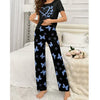 Black With Blue Butterflies Heart Printed T-shirt And Butterflies Printed Trouser Suit (FA-480)