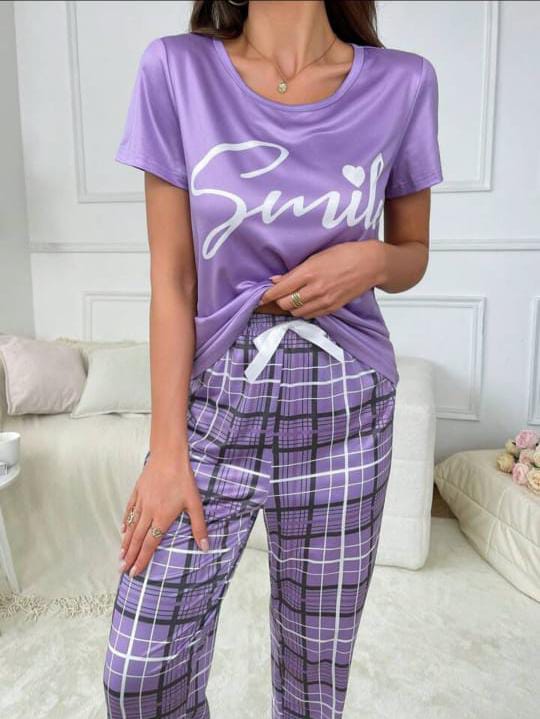 Lilac Smile Print With Check Printed Trouser Night wear
