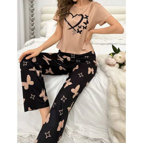 Brown With Black Butterflies Heart Printed T-shirt And Butterflies Printed Trouser Suit (FA-482)