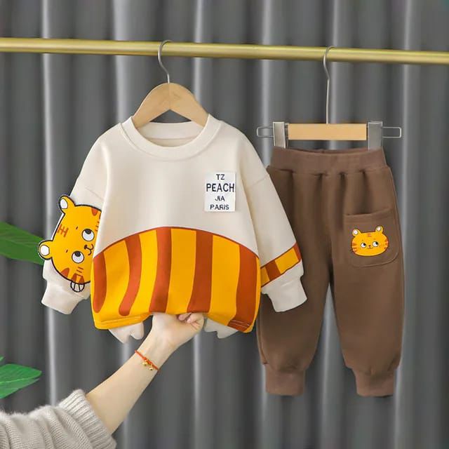 Off White Meow Print Sweatshirt With Brown Trouser For Kids (KO-KTS-521)