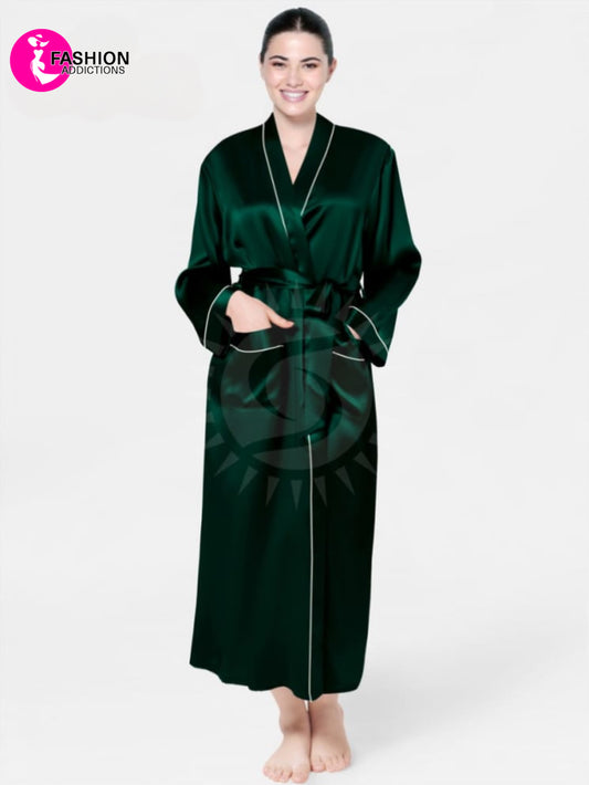 Long Mulberry Silk Robe Dark Green