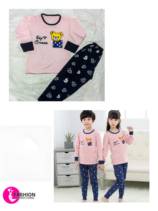 Kids Cotton Jersey Nightwear | Pink And Blue Bear