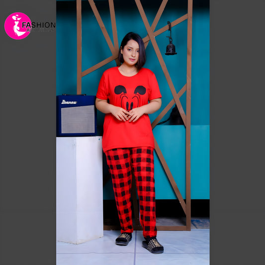 Red Contrast Check Women Pajama Set