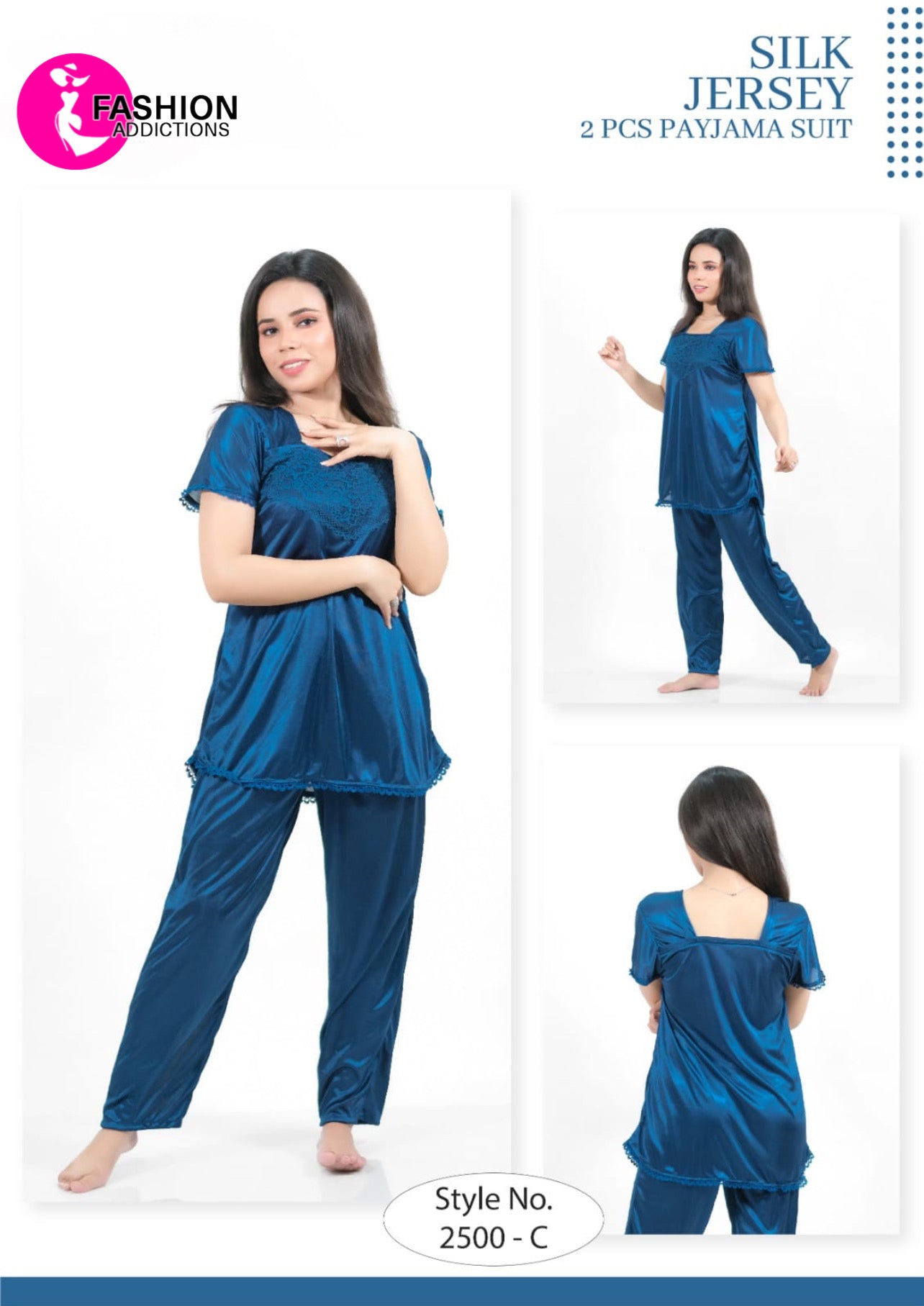 Blue 2Pcs Silk Jersey Pajama Set-2500-C