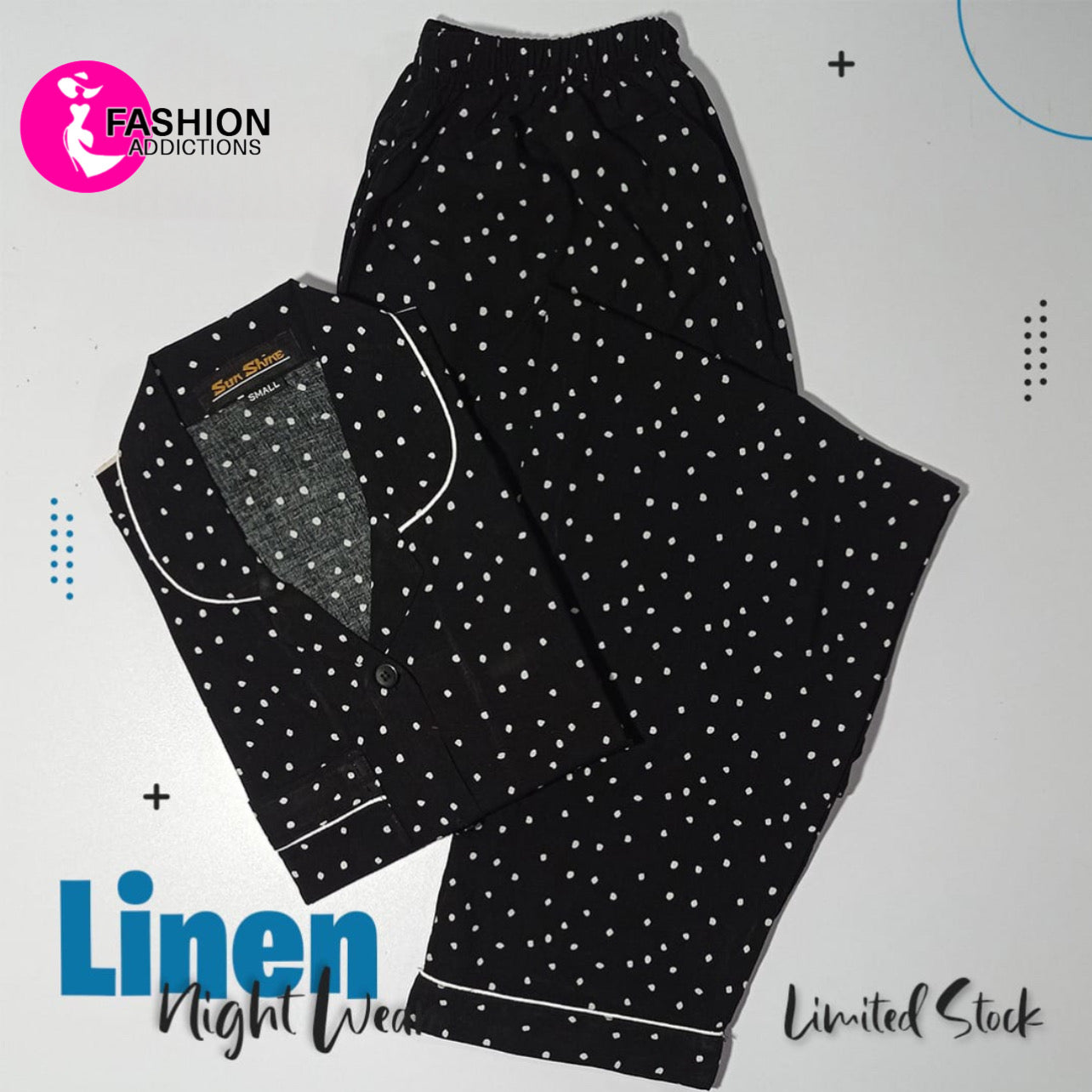 Linen Nightwear Black Polka Dots Print