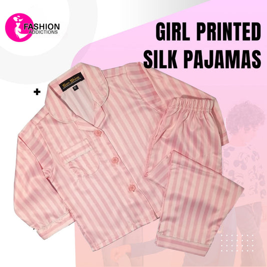 Printed Silk Pajamas Set For Girls | Pink Stripe