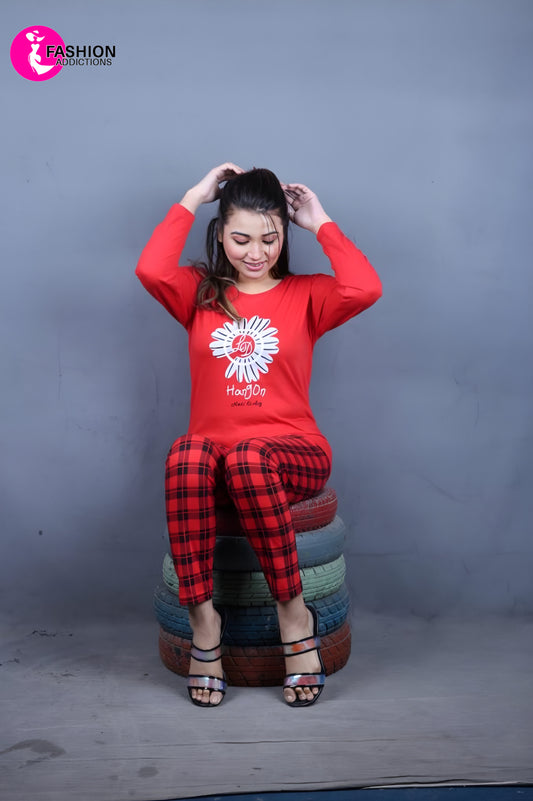 Red Flower Check Sleeping Wear Pajama